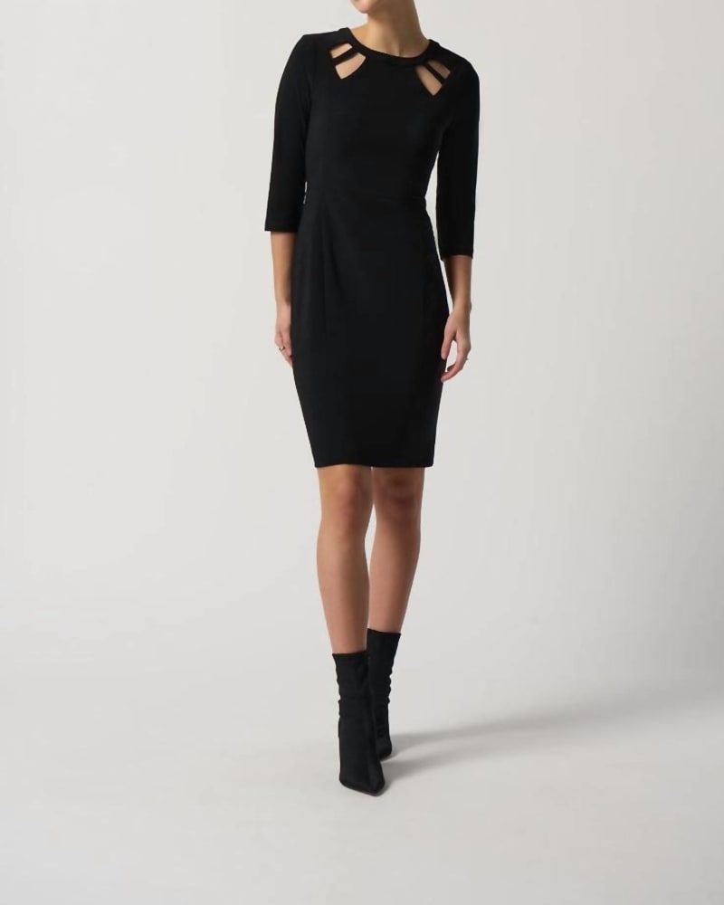 Front of a model wearing a size 10 Keyhole Neckline Sheath Dress In Black in Black by Joseph Ribkoff. | dia_product_style_image_id:359425